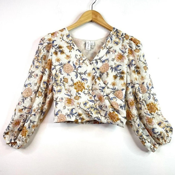 JOIE Boho Floral Faux Wrap Clip Dot Flowy Cropped Elastic Blouse Top - Picture 1 of 12